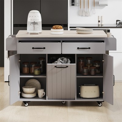 Mobile Kitchen Island On Wheels With Trash Can Storage, Kitchen Island Cart, Rolling Kitchen Island Table With Drop Leaf