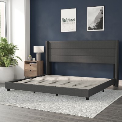 Charcoal Linen King Upholstered Platform Bed with Wingback Headboard