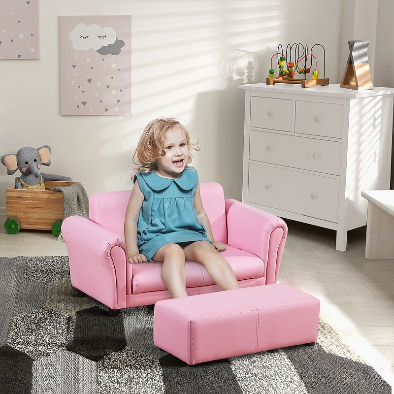 Qaba Kids Sofa Set with Footstool for Toddlers and Babies, Kids Couch for Playroom, Nursery, Living Room, Bedroom Furniture, 3 of 7