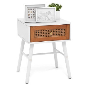 Costway 1/2 PCS Nightstand with Storage Drawer Rattan Decoration Solid Wood Legs for Bedroom - 1 of 4