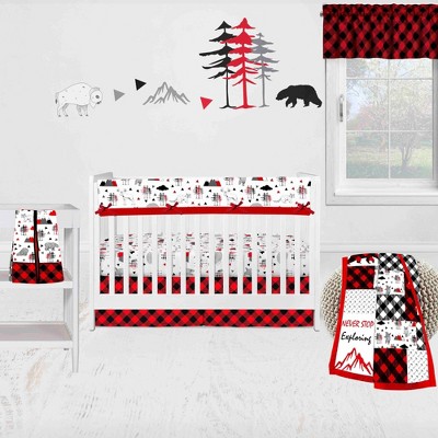 Bacati - Lumberjack Red Black Gray 6 pc Crib Bedding Set with Long Rail Guard Cover