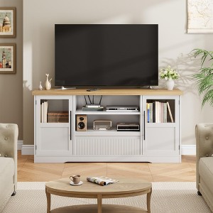Retro Mid-Century Modern TV Stand for TVs up to 75" – Media Console with 2 Glass Cabinets, Adjustable Shelves & Open Storage Shelves, Natural - 1 of 4