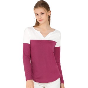 Allegra K Women's Casual Color Block Stretch Long Sleeves Split V-Neck T-Shirt - 1 of 4