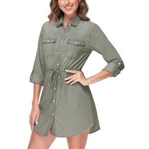 Anna-Kaci Women's Denim Long-Sleeve Jean Shirt Dress - 1 of 4