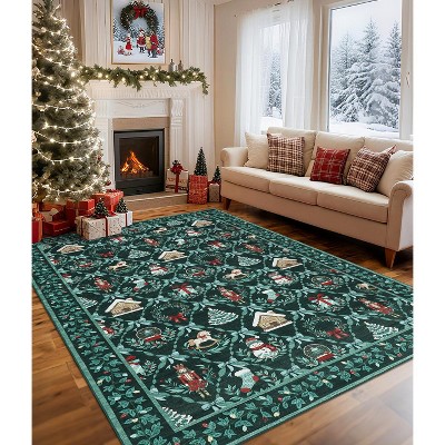 5'x7' Green Christmas Area Rug, Vintage Holiday Rug with