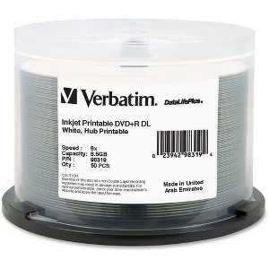 Verbatim DVD+R DL 8.5GB 8X DataLifePlus White InkJet Printable, Hub Printable - 50pk Spindle - 120mm - Printable - Inkjet Printable - 1 of 2