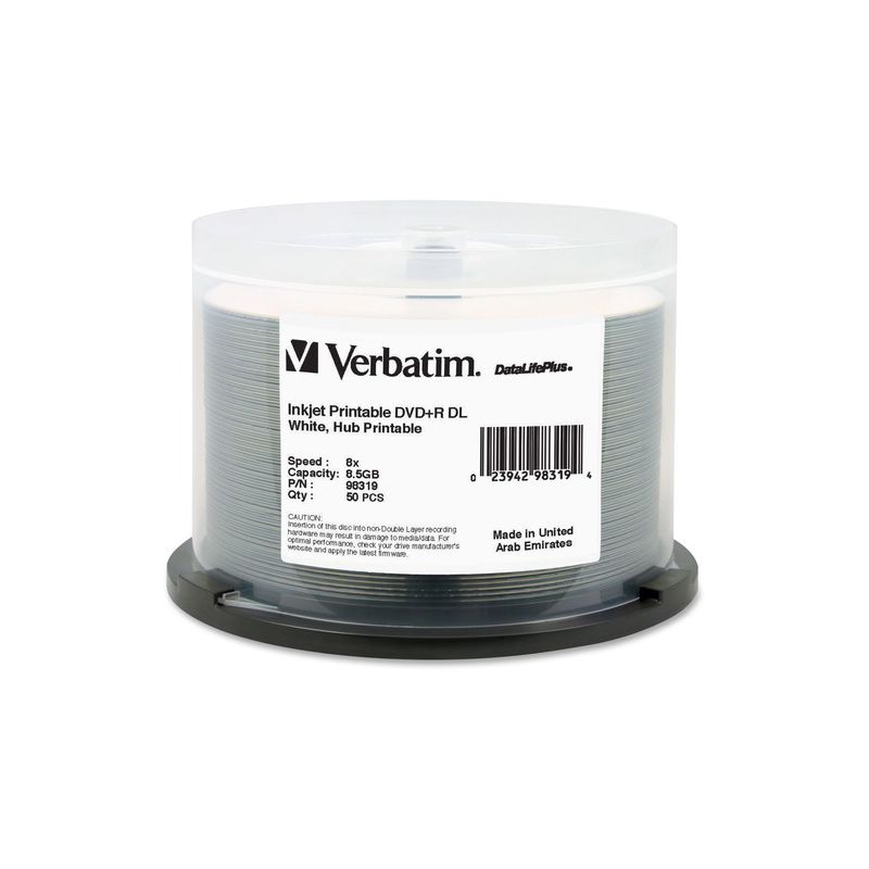 Verbatim DVD+R DL 8.5GB 8X DataLifePlus White InkJet Printable, Hub Printable - 50pk Spindle - 120mm - Printable - Inkjet Printable, 1 of 3
