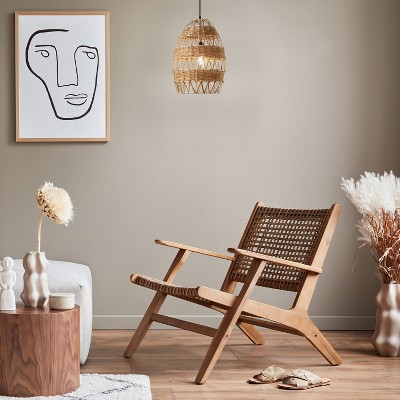 12.75" Tan Rattan and Metal Bowl Pendant Ceiling Light