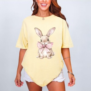 Bunny Watercolor With Bow - Women's Garment Dyed Graphic T-Shirt - 1 of 4
