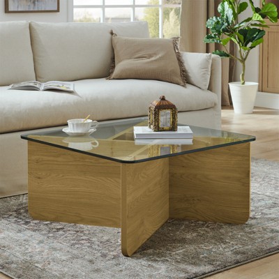 Aukfa Premium Industrial Glass Coffee Table， Scratch-Resistant Tempered Glass Top with High-Density MDF Base for Modern Living Rooms, Offices & More