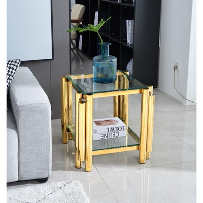 NicBex Modern Double-Layer Clear Tempered Glass Coffee Table with Stainless Steel Legs,Storage Center Table for Living Room