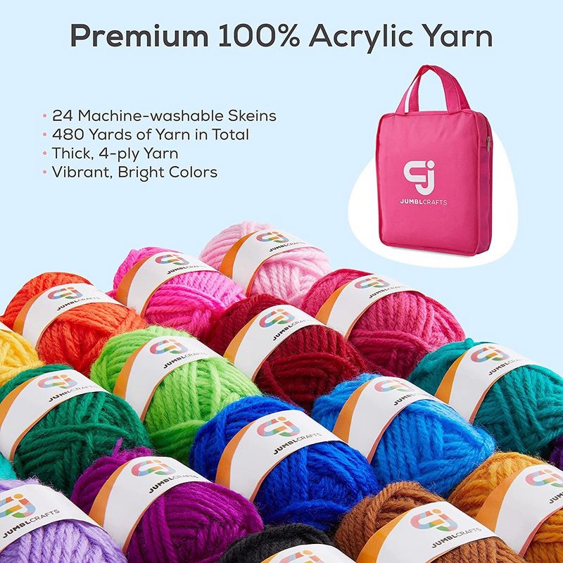 Jumblcrafts Crochet Starter Kit With Crochet Hooks And Yarn Set, Premium Bundle Includes 24 Acrylic Yarn Balls, 9 Crochet Hooks, 6 Weaving Needles, 2 of 6