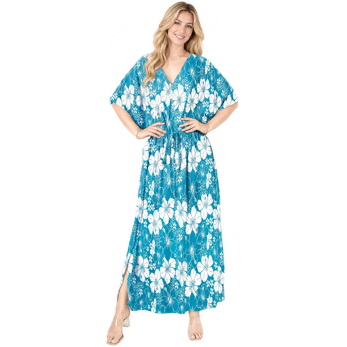 LA LEELA Summer Rayon Blend Women Caftan Dress Resortwear Vacation Holiday Cruise Pregnancy Wear Relaxed Travel Style 2X-3X Blue Floral