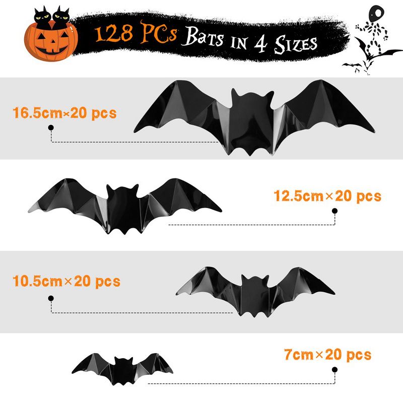 160 Pcs Bats Sticker Halloween Party Supplies Halloween Decorations, 4 Sizes Realistic 3D Bats Wall Decor, 4 of 13
