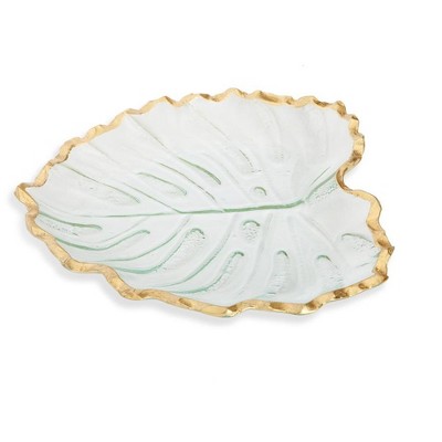 Classic Touch Glass Leaf Dish with Gold Rim 9.5"L