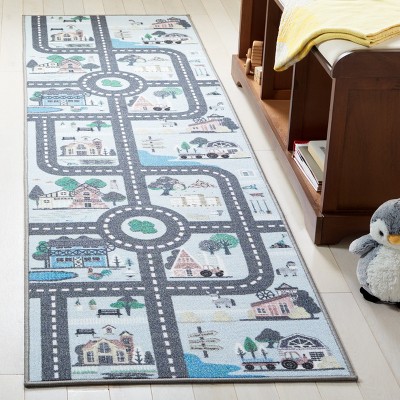 Blue and Dark Grey Synthetic Runner Rug for Kids Playroom
