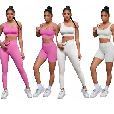 INSPIRE CHIC 2 Sets Women's Exercise Yoga Outfits Scoop Neck Seamless Ribbed Shorts High Waist Shapers