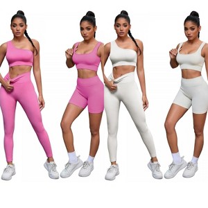 INSPIRE CHIC 2 Sets Women's Exercise Yoga Outfits Scoop Neck Seamless Ribbed Shorts High Waist Shapers - 1 of 4