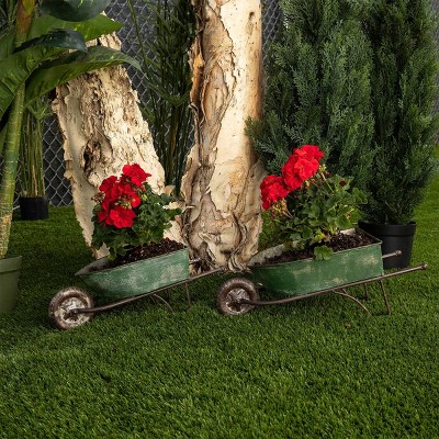 Set of 2 Green Rustic Iron Wheelbarrow Planters