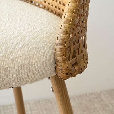Oak and Rattan Upholstered Counter Stools, Set of 2