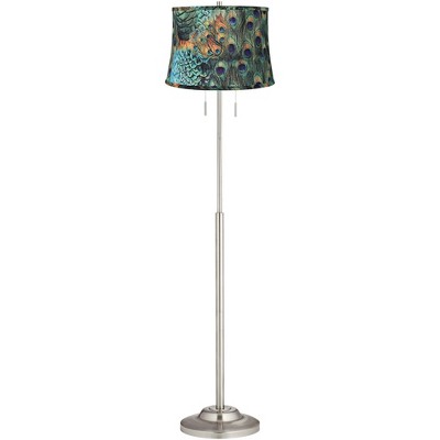 360 Lighting Modern Floor Lamp Brushed Nickel Peacock Print Drum Shade for Living Room Reading Bedroom Office