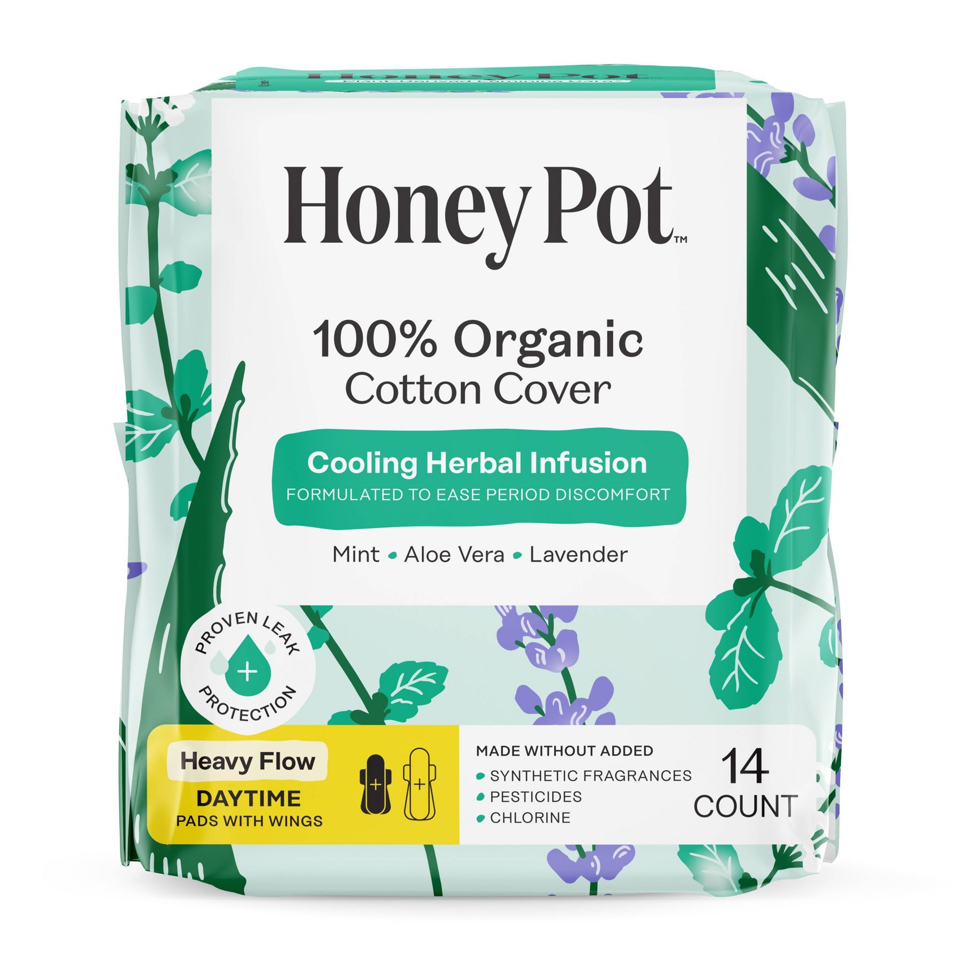 Honey Pot 100% Organic Cotton Cover Cooling Herbal Infusion Heavy Flow Daytime Pads - 14 ct