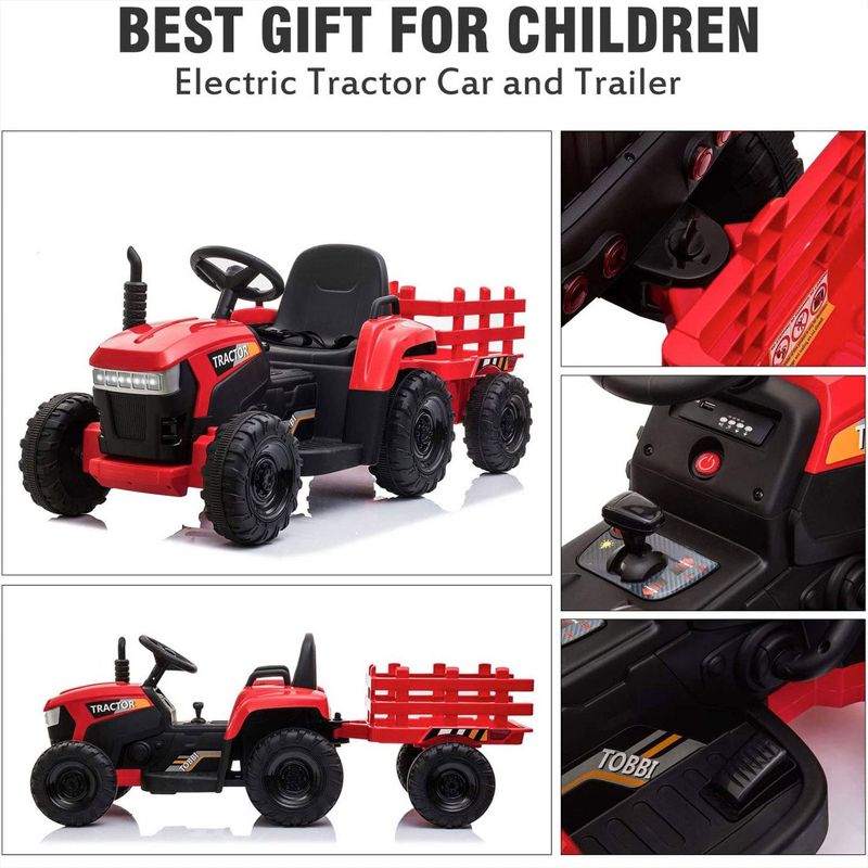 TOBBI 12V Electric Battery Powered Kids Ride On Tractor with Durable Trailer, 35 Watt Dual Motors, LED Lights, and USB Audio Functions, Red, 3 of 7