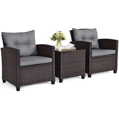 Tangkula Set of 3 Rattan Furniture Set Patio Cushioned Conversation Set Sofa