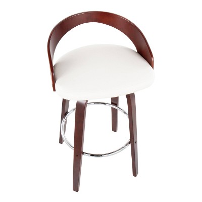 Cherry Wood and White Faux Leather Swivel Bar Stools, Set of 2