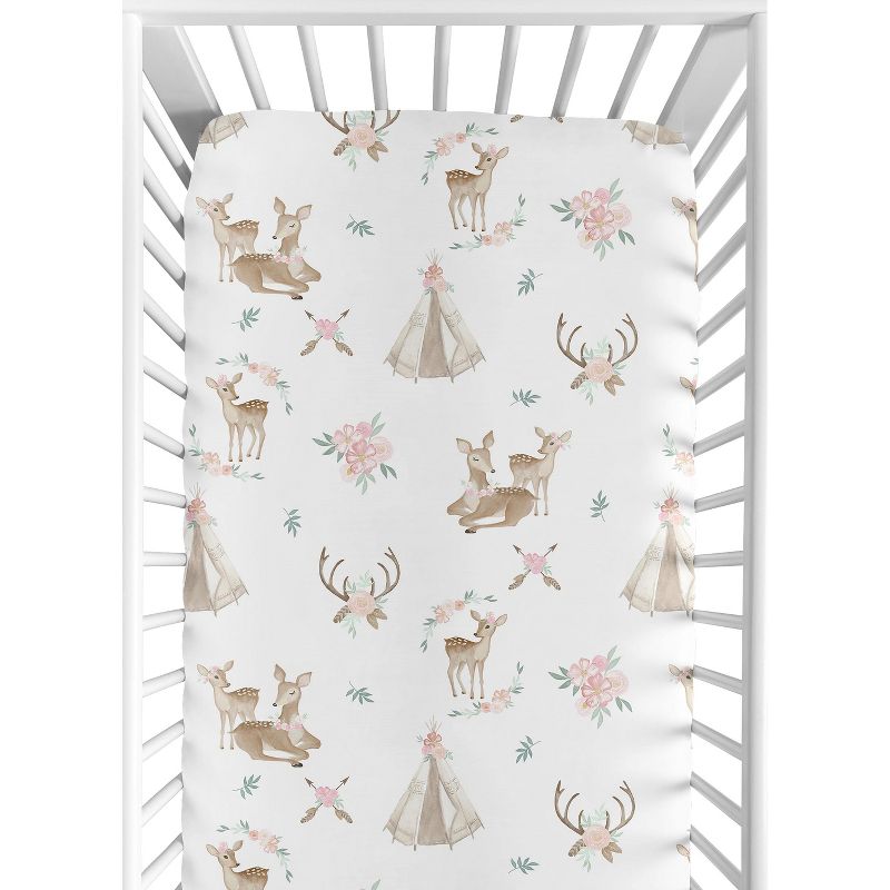 Sweet Jojo Designs Girl Baby Fitted Crib Sheet Deer Floral Collection, 1 of 8