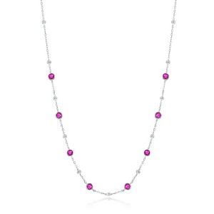 Bella Silver Sterling Silver Bezel-Set CZ & Bead Station Necklace - Ruby - Pink - 16+2 Inch - 1 of 2