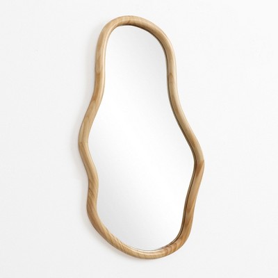 LuxenHome Natural Pine Wood Frame Oblong Irregular Wall Mirror, Accent and Vanity Brown