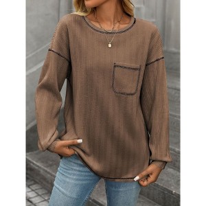 Women's Fall Winter T-Shirts Casual Loose Fit Long Sleeve Solid Blouse Ribbed Knit Round Neck with Front Pocket Tee Tops - 1 of 4