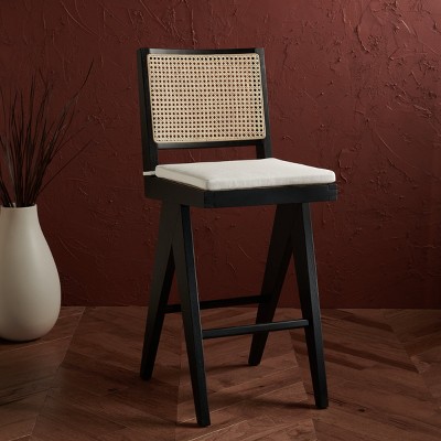 Colette Black and Natural Wood Bar Stool with Rattan Back