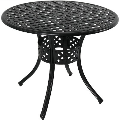 Sunnydaze Round Lattice Design Cast Aluminum Outdoor Patio Table with Umbrella Hole, Black