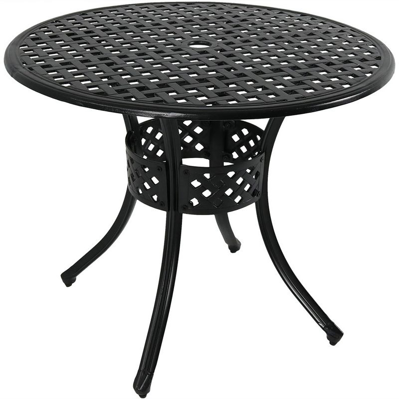 Sunnydaze Round Lattice Design Cast Aluminum Outdoor Patio Table with Umbrella Hole, Black, 1 of 10