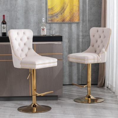 Set of 2 Swivel Velvet Bar Stools with Backs, Adjustable Height, Upholstered Barstools with Golden Base for Kitchen Island or Bar - Cuddlewood