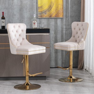 Set of 2 Swivel Velvet Bar Stools with Backs, Adjustable Height, Upholstered Barstools with Golden Base for Kitchen Island or Bar - Cuddlewood - 1 of 4