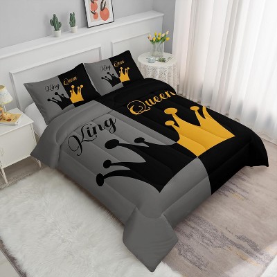 Boersma Crown Queen Comforter Set Queen – His & Hers Couple Bedding, Romantic Mr & Mrs Quilt with 2 Pillowcases, Wedding & Valentine’s Gift