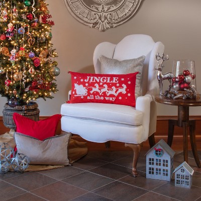Red Embroidered Christmas Lumbar Pillow Cover with Jingle Bells