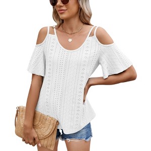 Womens Eyelet  Embroidery Tops Spaghetti Straps Short Sleeve Cold Shoulder Front Knit Casual Summer Lightweight Blouses for Women - 1 of 4
