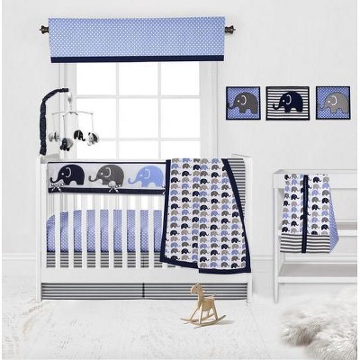 Bacati - Elephants Blue/Navy/Gray 10 pc Crib Bedding Set with Long Rail Guard Cover