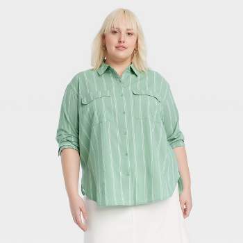 Women's Plus Size Balloon Long Sleeve Blouse - Ava & Viv Green Polka Dots 3X