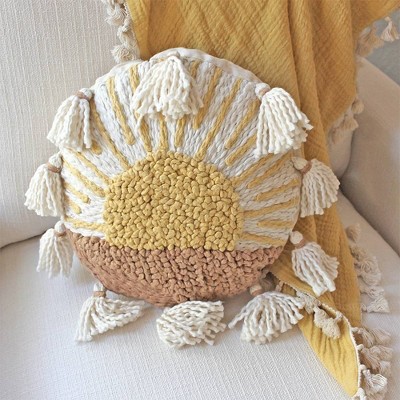 Round Embroidered Sunshine Kids Pillow with Tassels