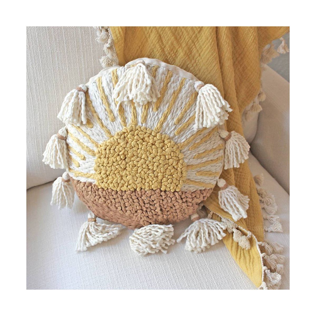 Crane Baby Embroidered Round Throw Pillow - Sunshine - thumbnail 3
