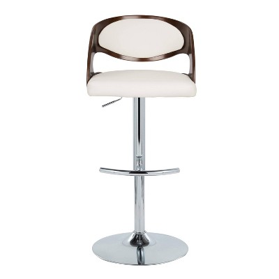 Set of 2 White Faux Leather and Cherry Wood Adjustable Swivel Barstools