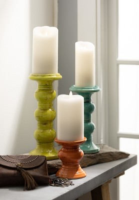 Colorful Ceramic Pillar Candle Holders with Bubble Stem, Set of Three