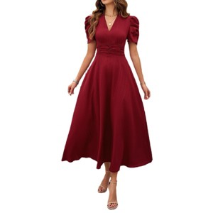 Womens High Waisted V Neck Summer Dress Puff Short Sleeve Casual A Line Flowy Maxi Dress - 1 of 4