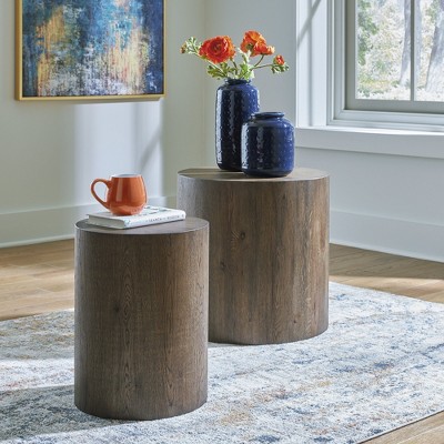 Set of 2 Round Brown Wood Accent Tables