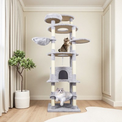 78.8 in Light Gray Cat Tree Tower with Wide Base, Large Condo, 12 Sisal Scratching Post, Big Hammock, Large Top Platform